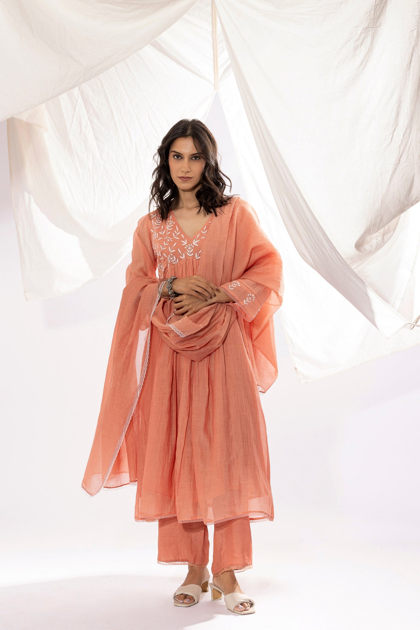 Peach Chikankari Kurta Set