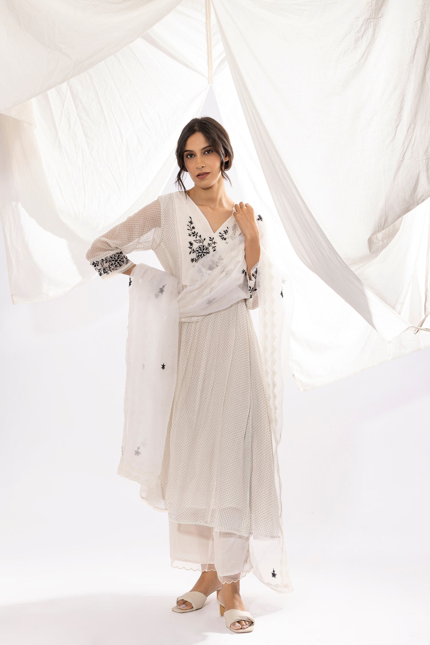 BLACK AND WHITE POLKA DOT CHIKANKARI KURTA