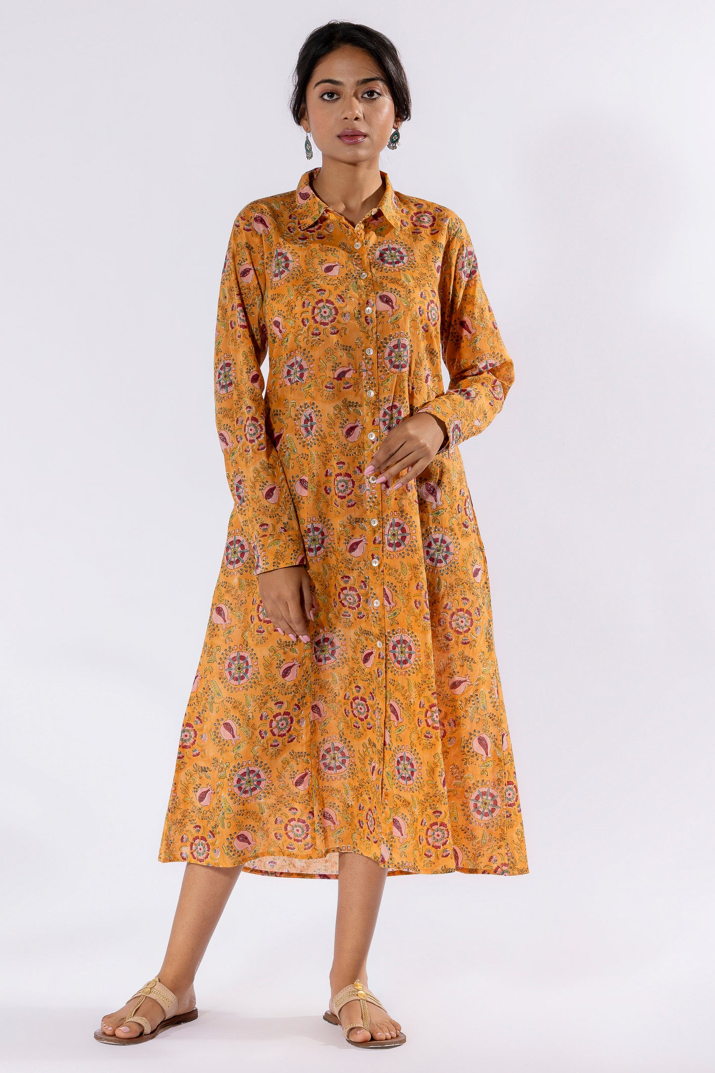 Mustard hand block printed dress - Ready to Ship