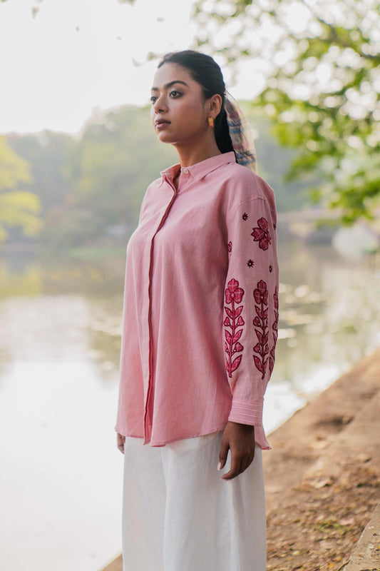 Pink Hand Woven Cotton Patch Work Shirt