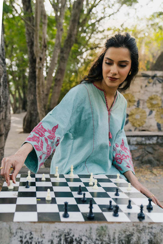 Aqua Hand Woven Cotton Embroidered Set