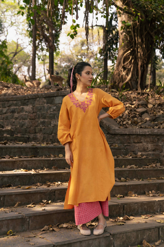 Mustard Hand Woven Cotton Embroidered Set