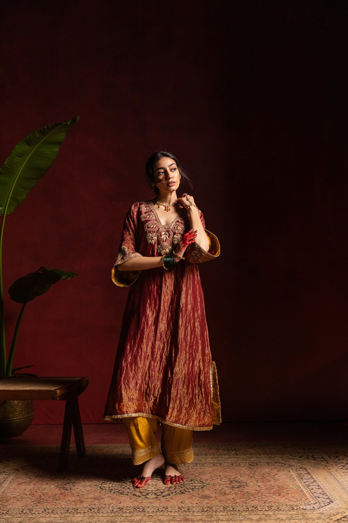 Shama-e-Awadh embroidered kaftan set- Maroon