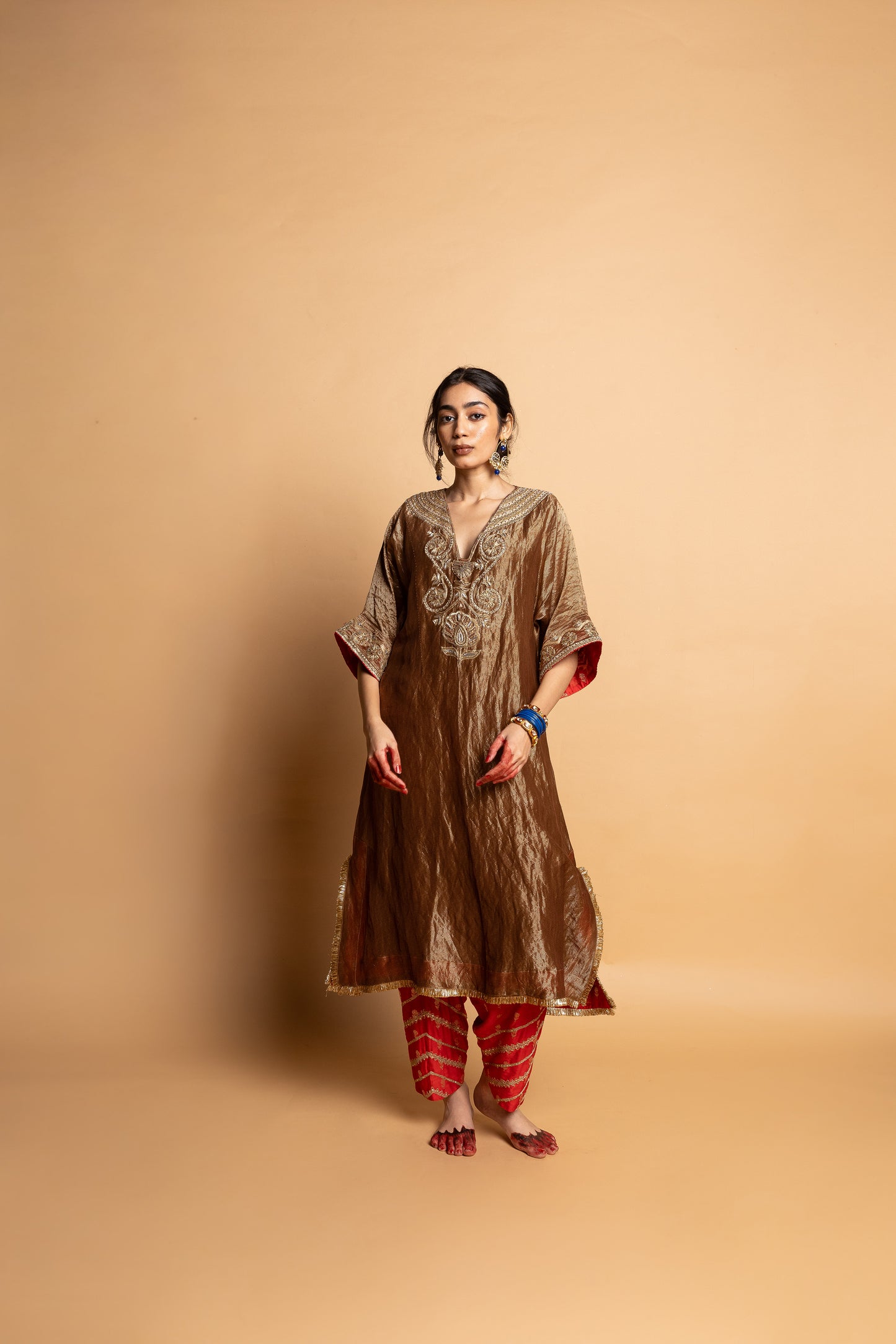 Nazakat Embroidered Kaftan Set- Brown