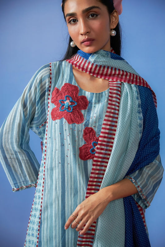 Azure Drift Block printed kurta set- Set of 3
