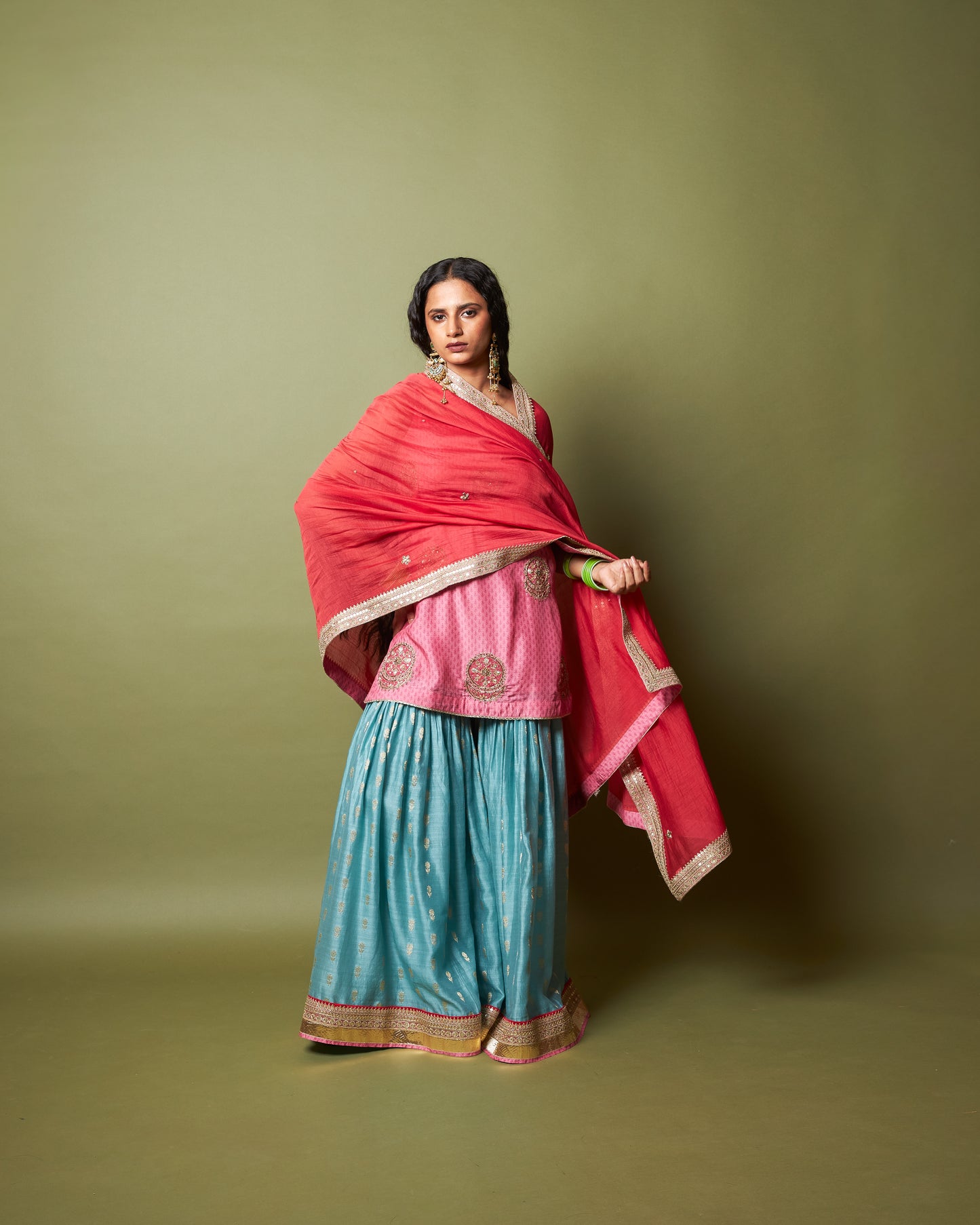 Firozi Gulab embroidered dupatta