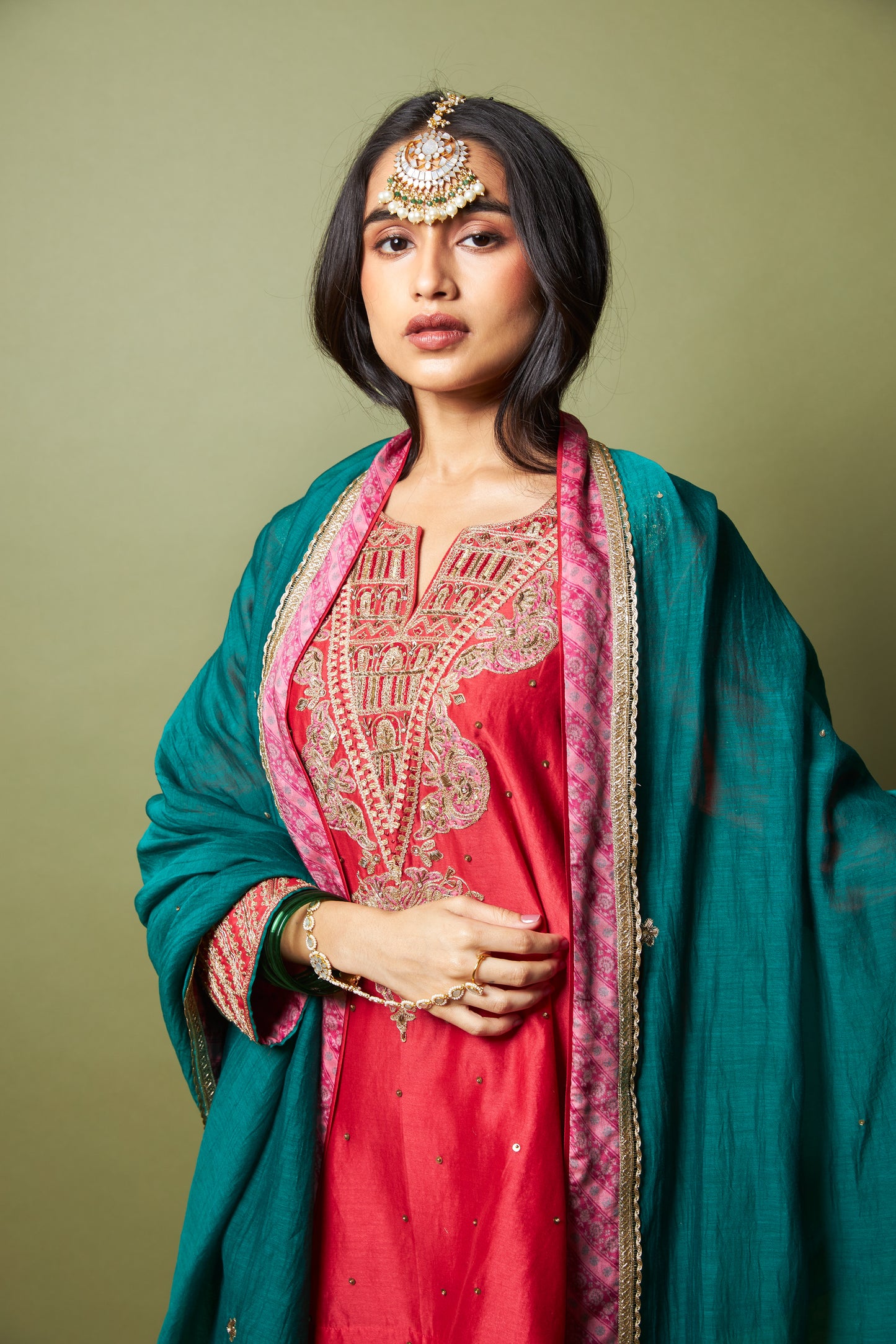 Lal Noorani embroidered dupatta