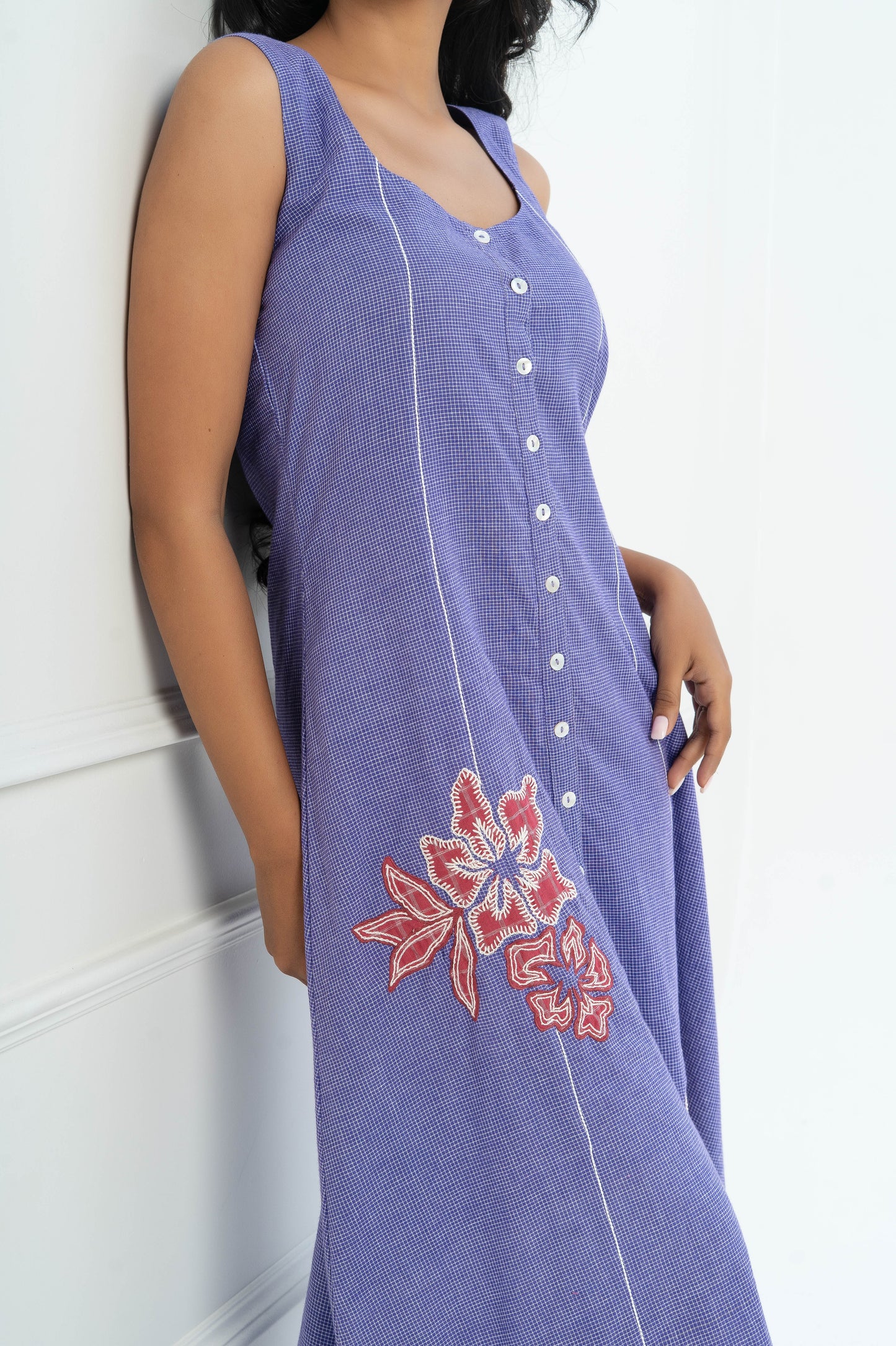 Purple And White Hand Woven Cotton Patch Work Dress