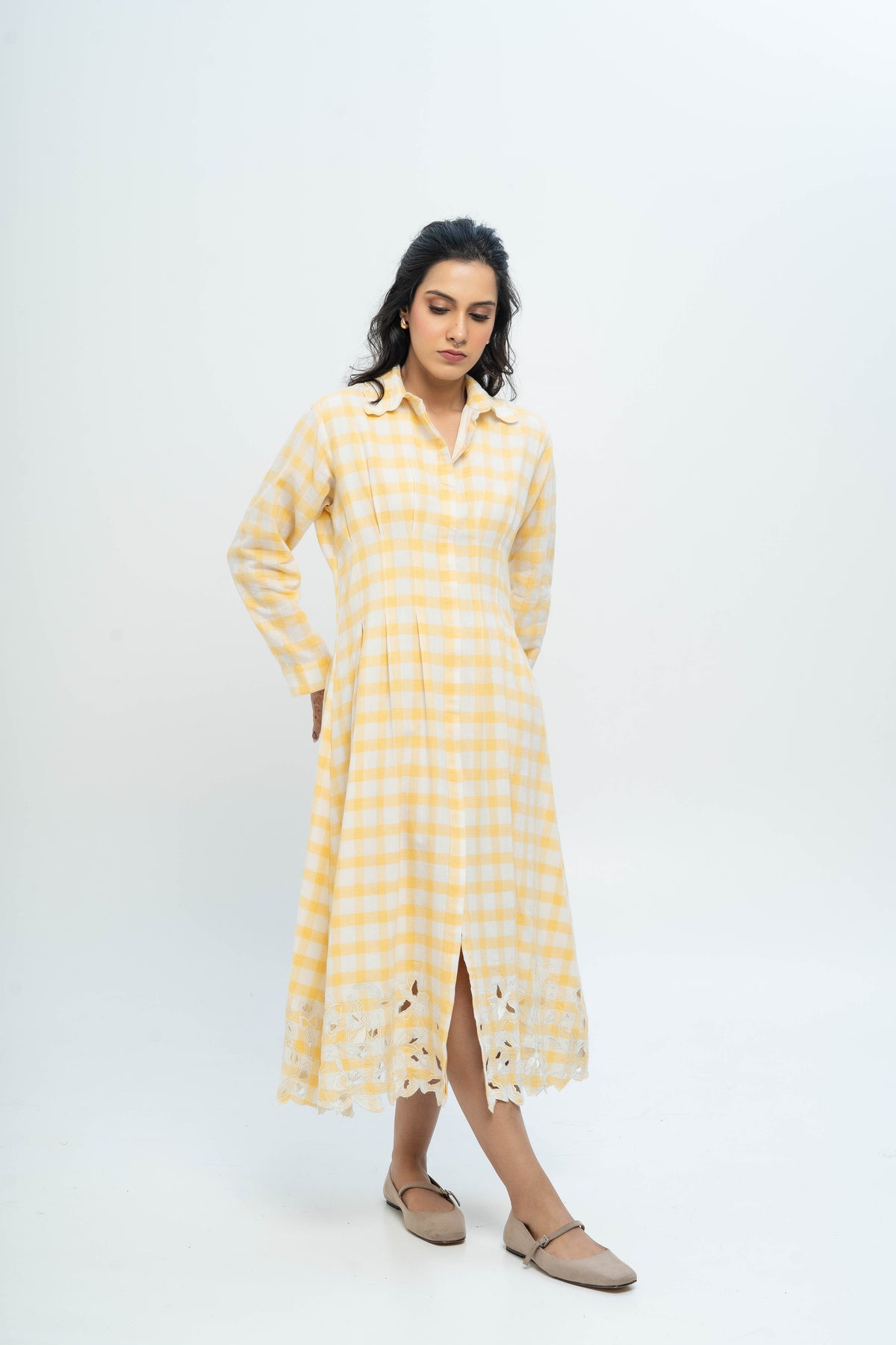 Yellow And White Hand Woven Cotton Embroidered Dress (Ready to Ship)