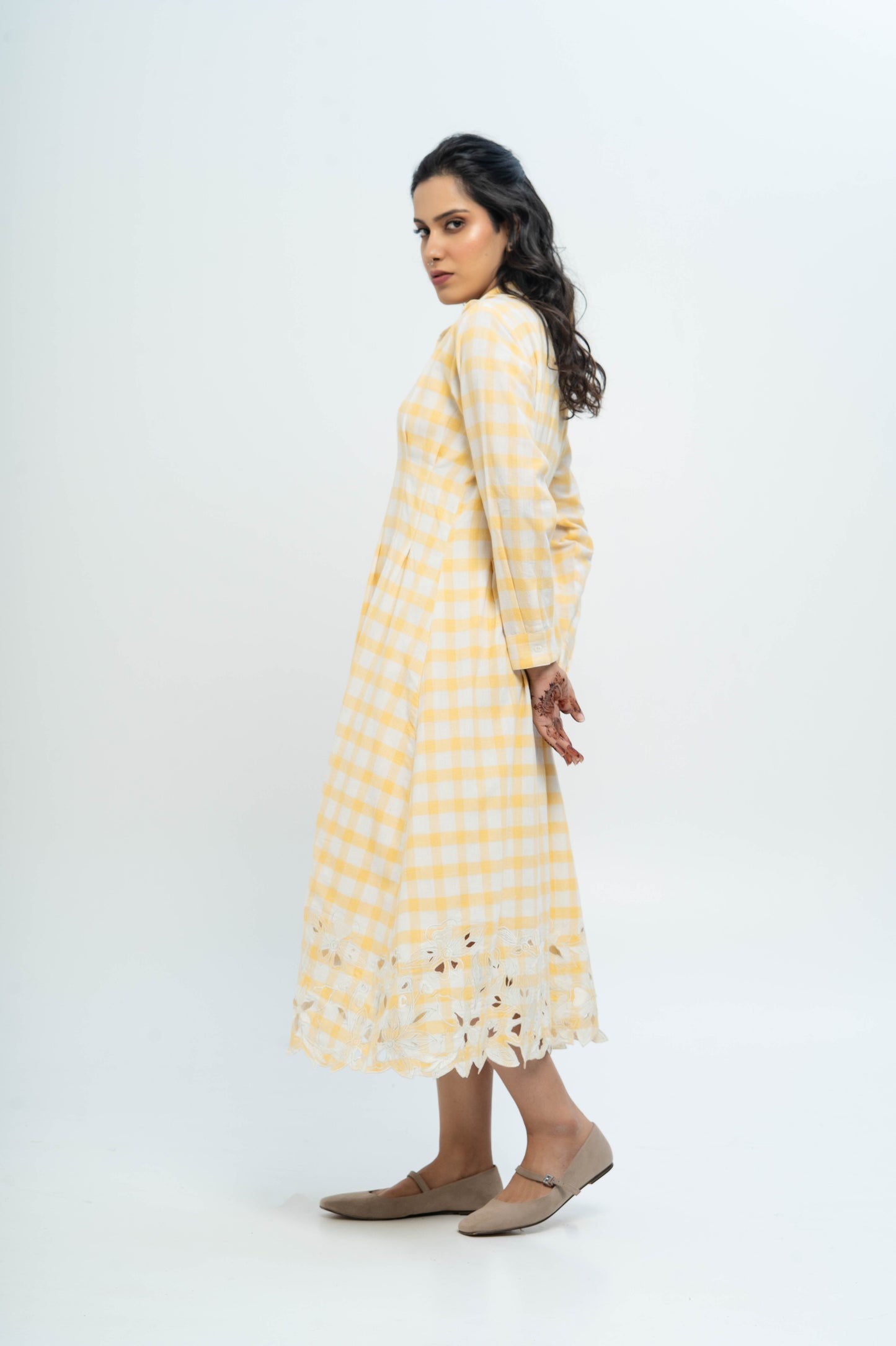 Yellow And White Hand Woven Cotton Embroidered Dress