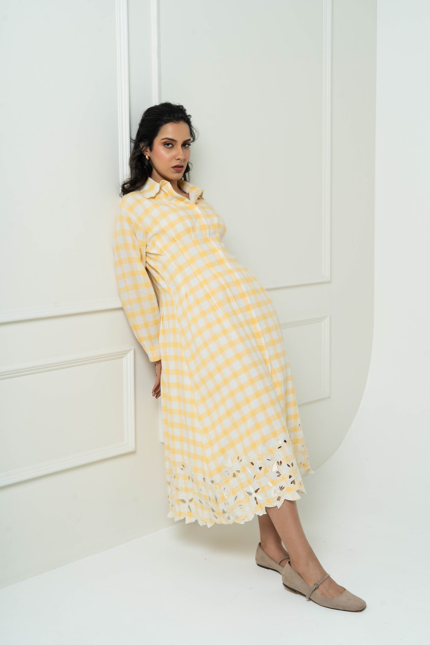 Yellow And White Hand Woven Cotton Embroidered Dress