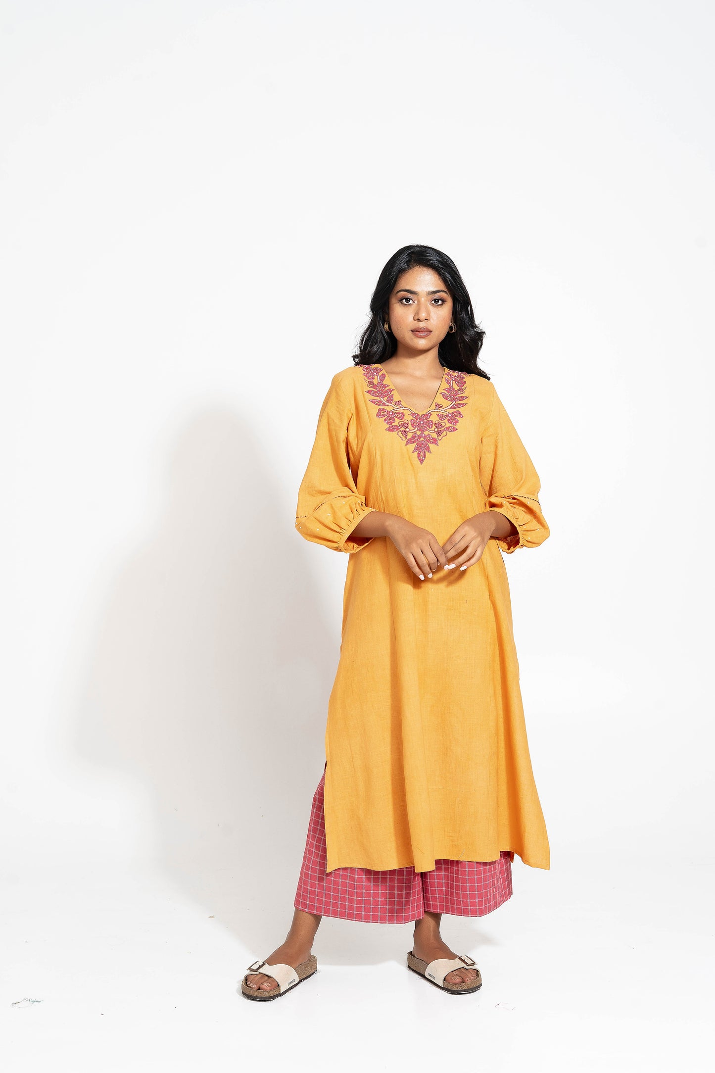 Mustard Hand Woven Cotton Embroidered Set (Ready to Ship) - Set Of 2