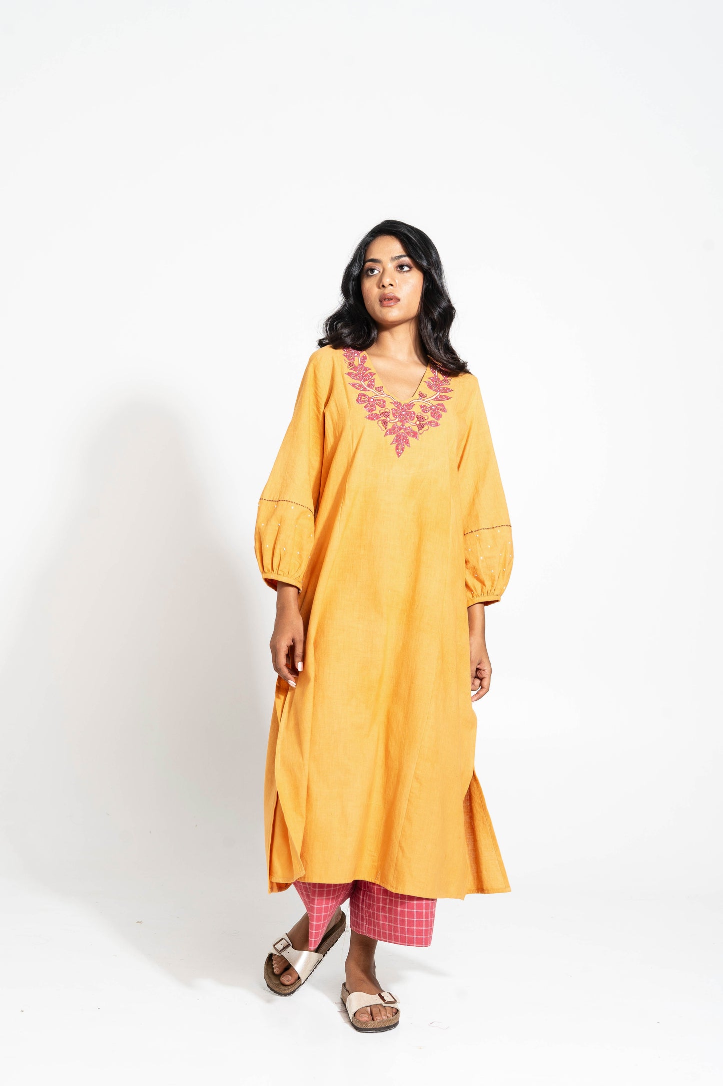 Mustard Hand Woven Cotton Embroidered Kurta