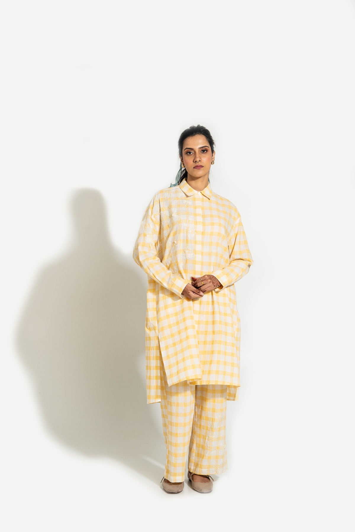 Yellow And White Hand Woven Cotton Embroidered Set (Ready to Ship) - Set Of 2