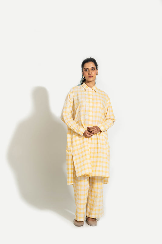 Yellow And White Hand Woven Cotton Embroidered Set
