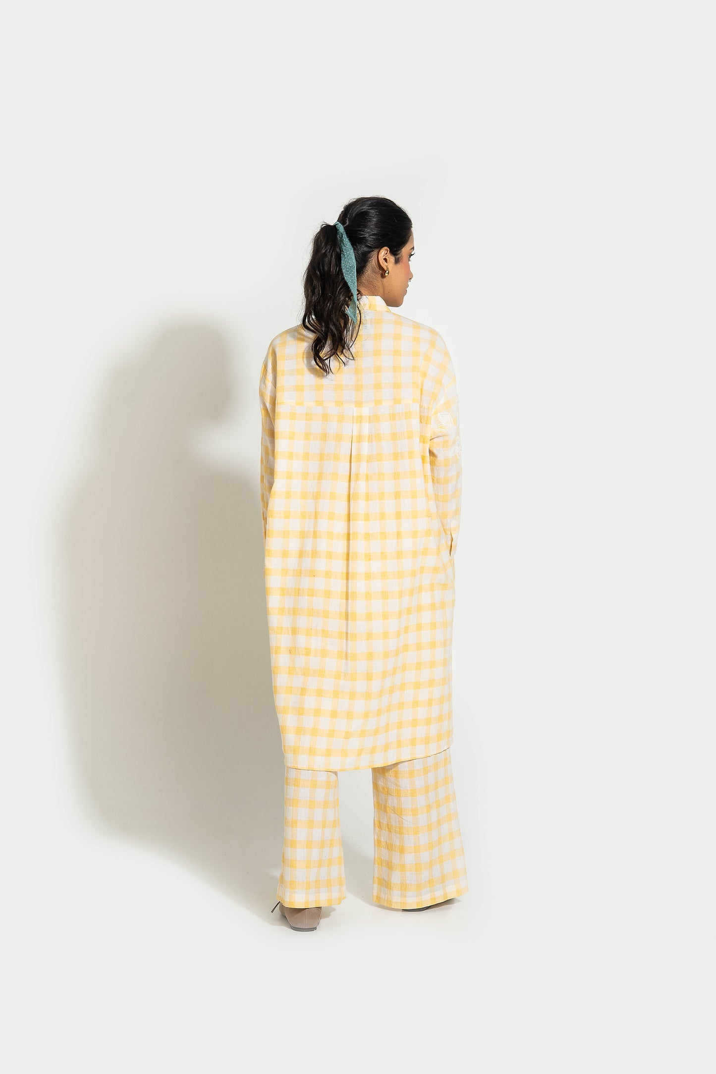 Yellow And White Hand Woven Cotton Embroidered Set