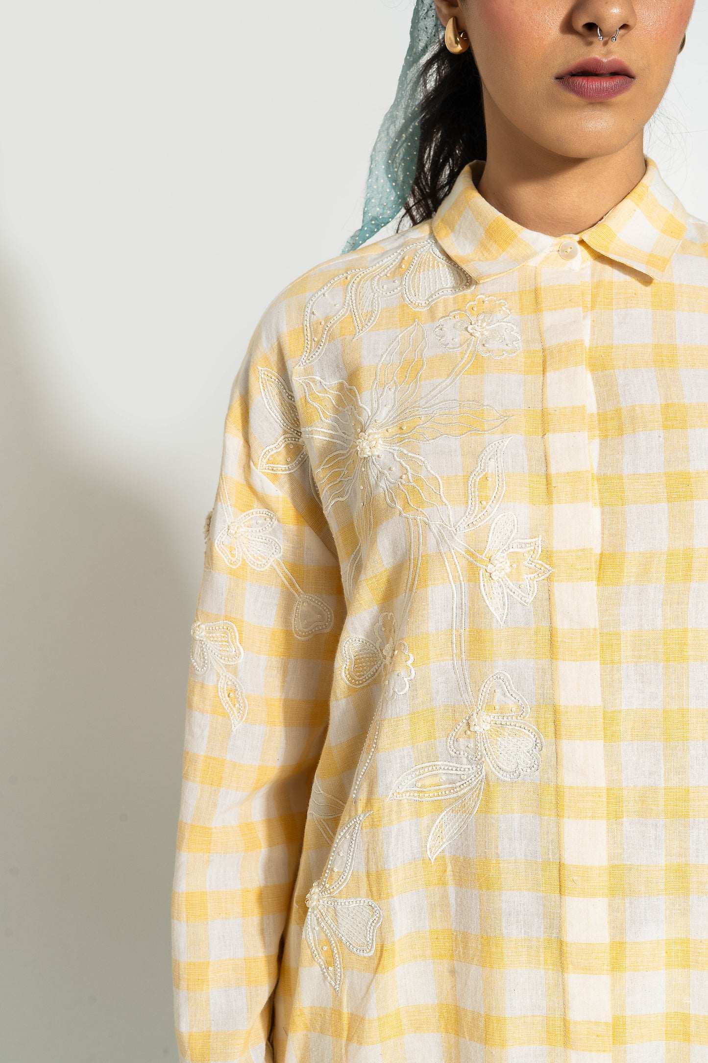 Yellow And White Hand Woven Cotton Embroidered Tunic