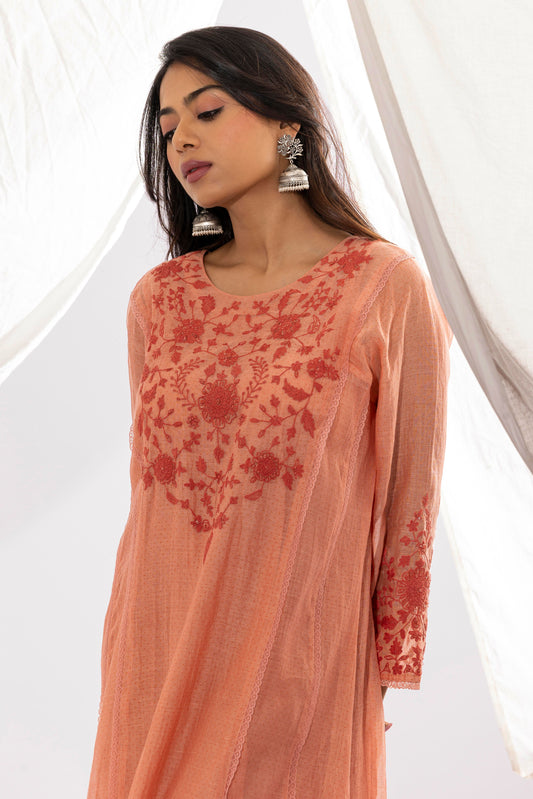 Peach embroidered kurta set
