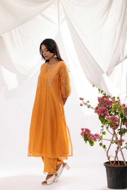 ORANGE CHIKANKARI KURTA