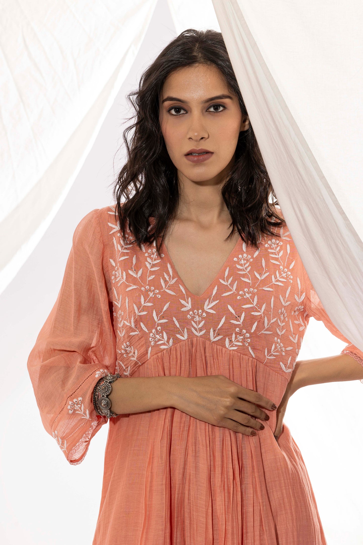 PEACH CHIKANKARI KURTA