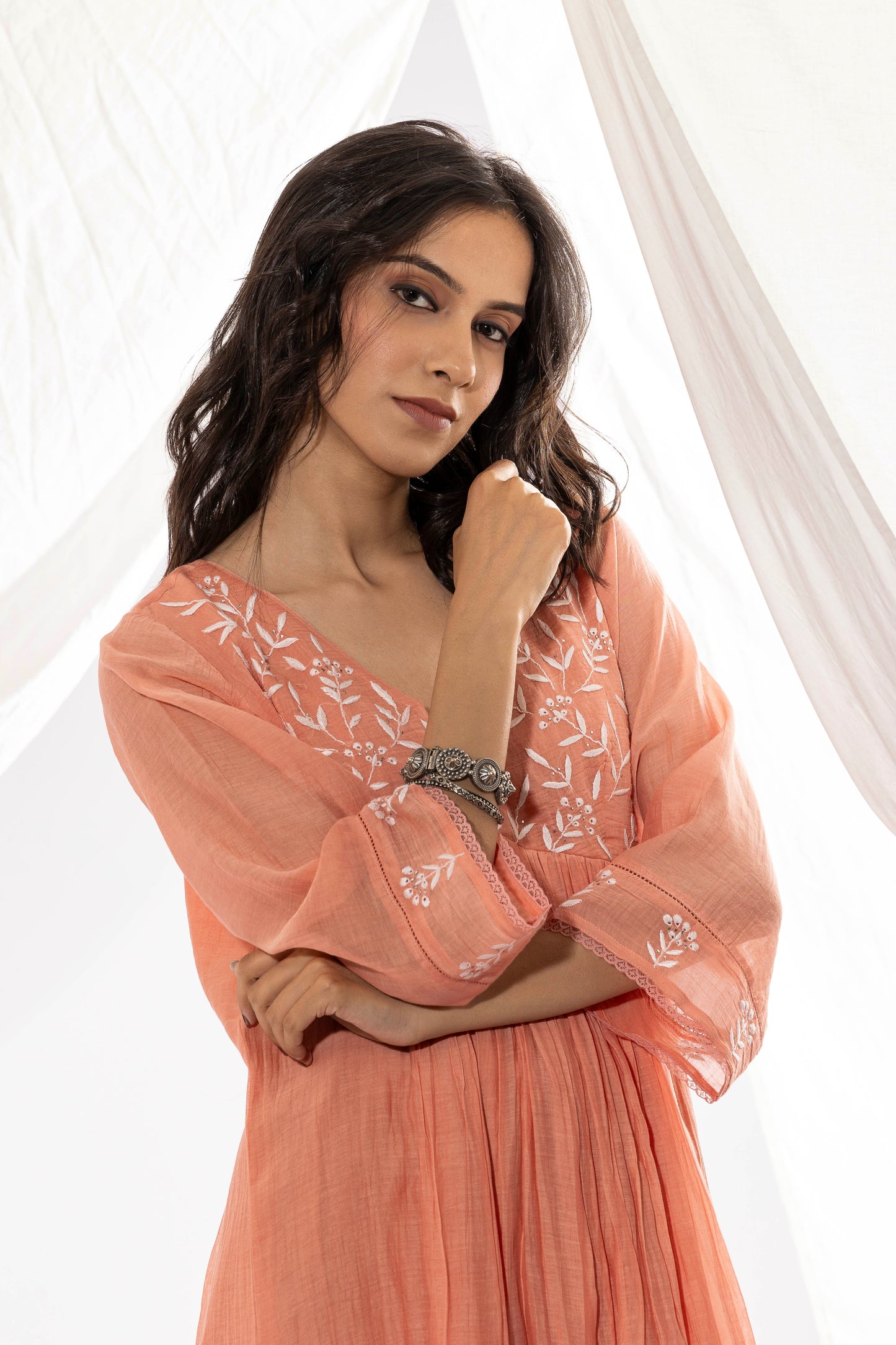 PEACH CHIKANKARI KURTA