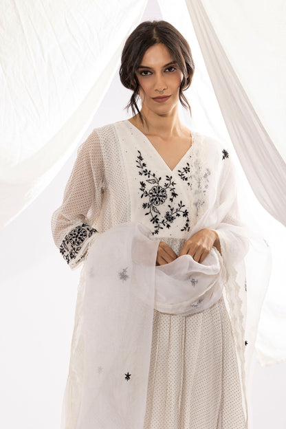BLACK AND WHITE POLKA DOT CHIKANKARI KURTA