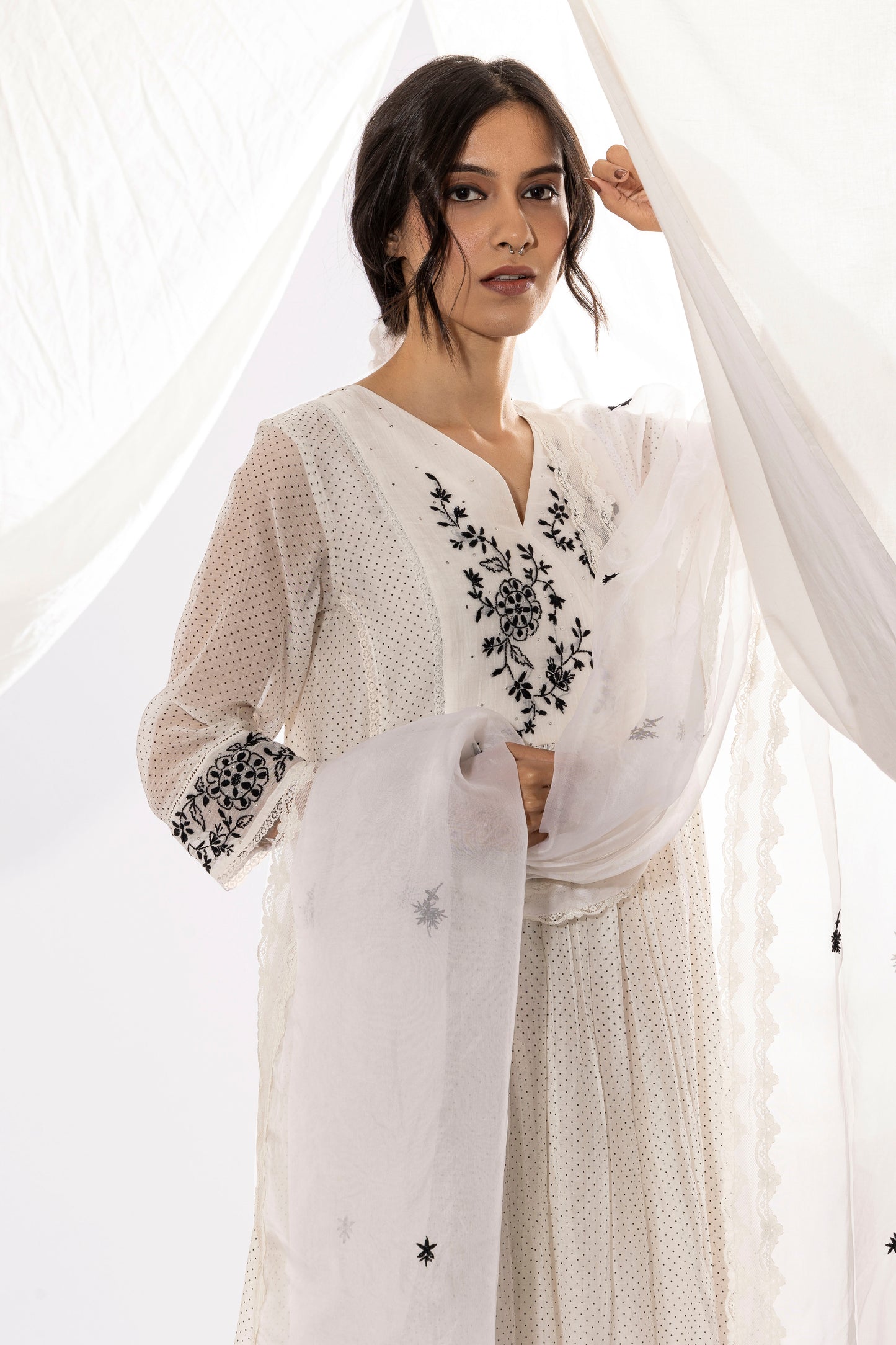 BLACK AND WHITE POLKA DOT CHIKANKARI KURTA