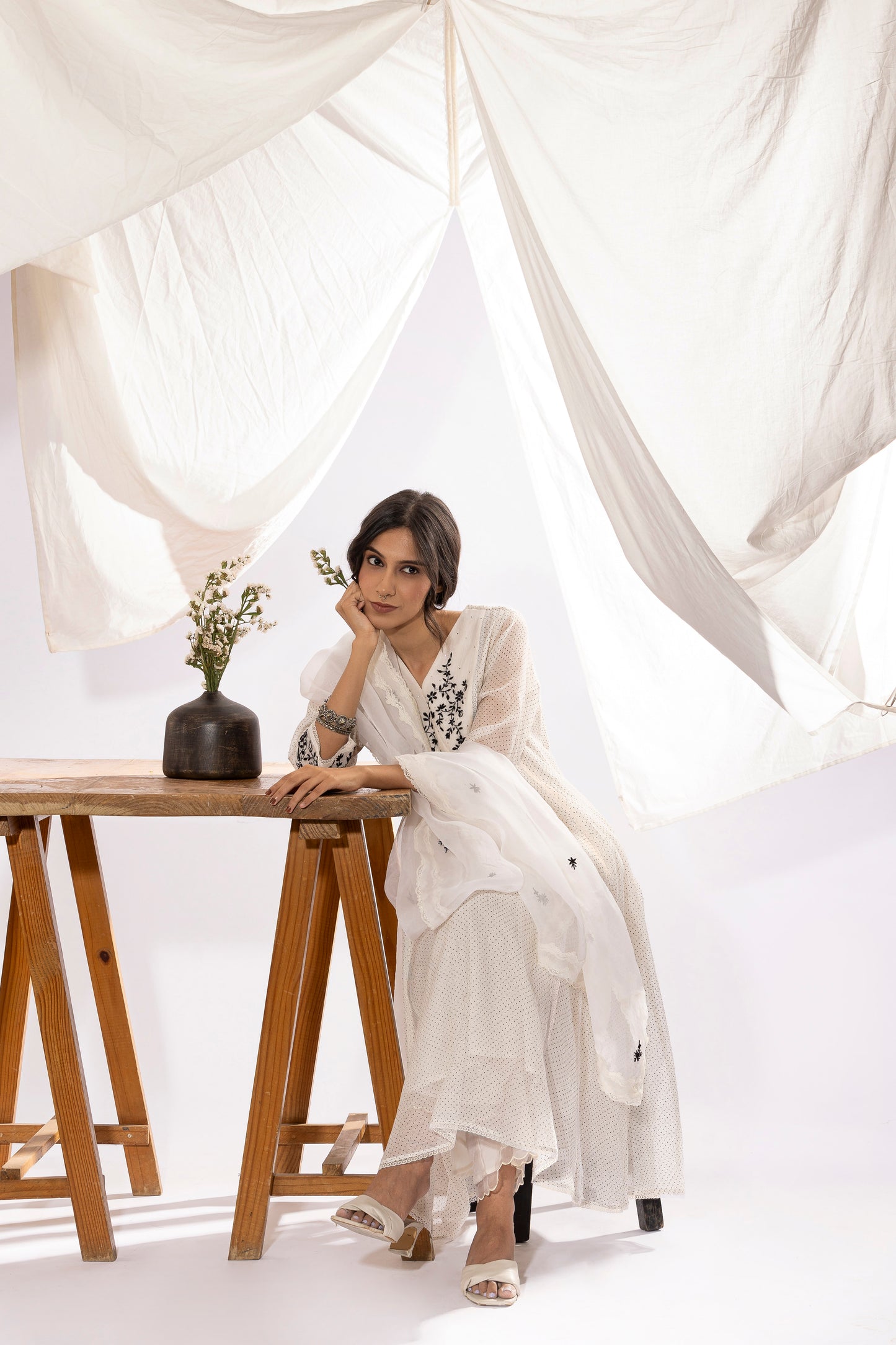 Black And White Polka Dot Chikankari Kurta Set