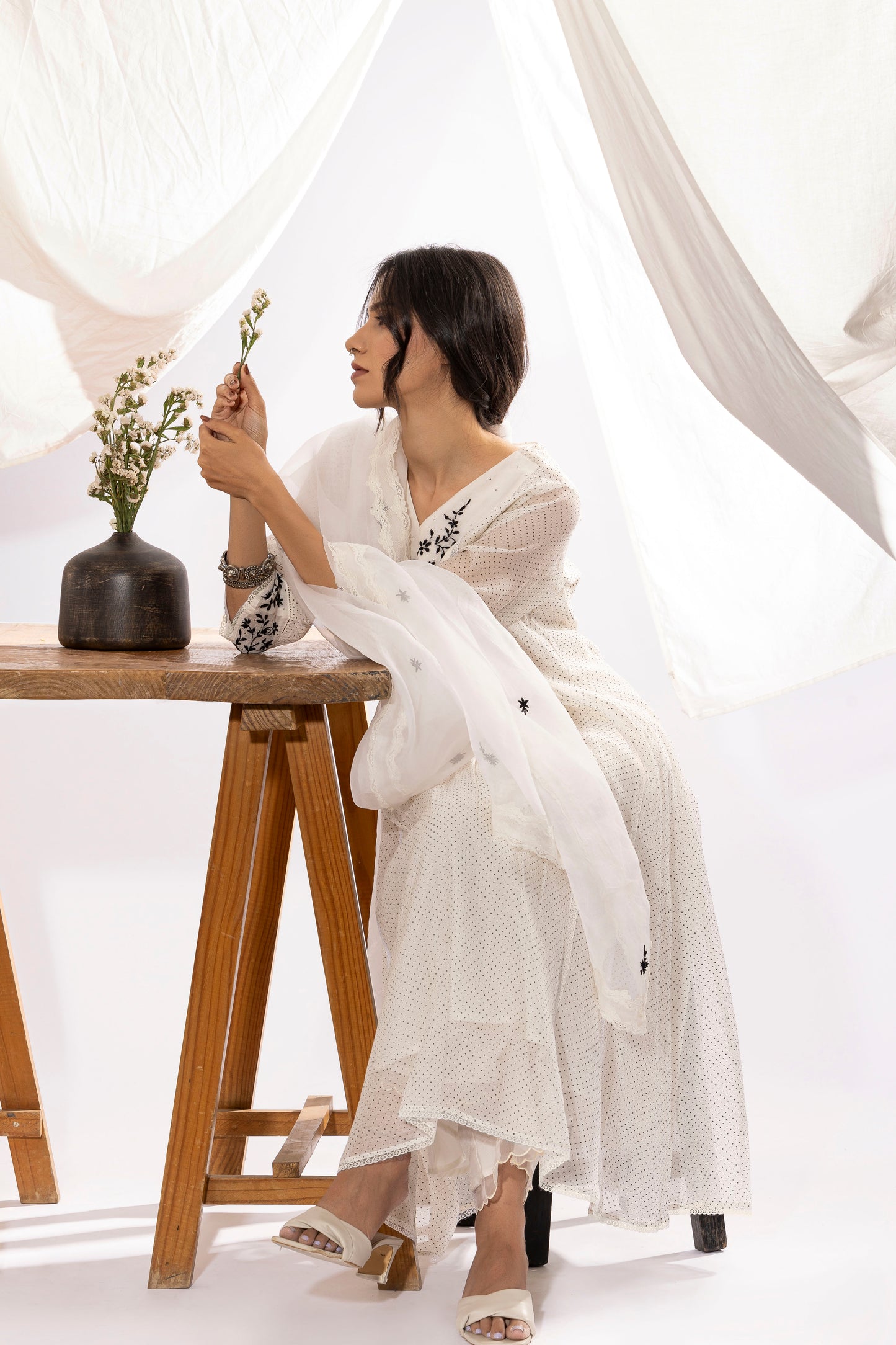 Black And White Polka Dot Chikankari Kurta Set