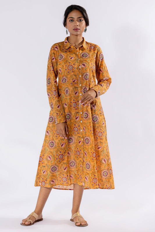 Mustard hand block printed dress