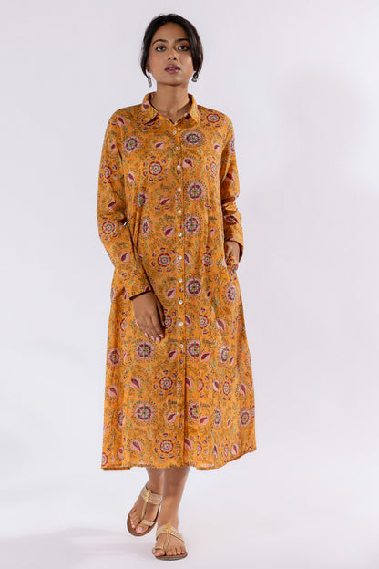 Mustard hand block printed dress
