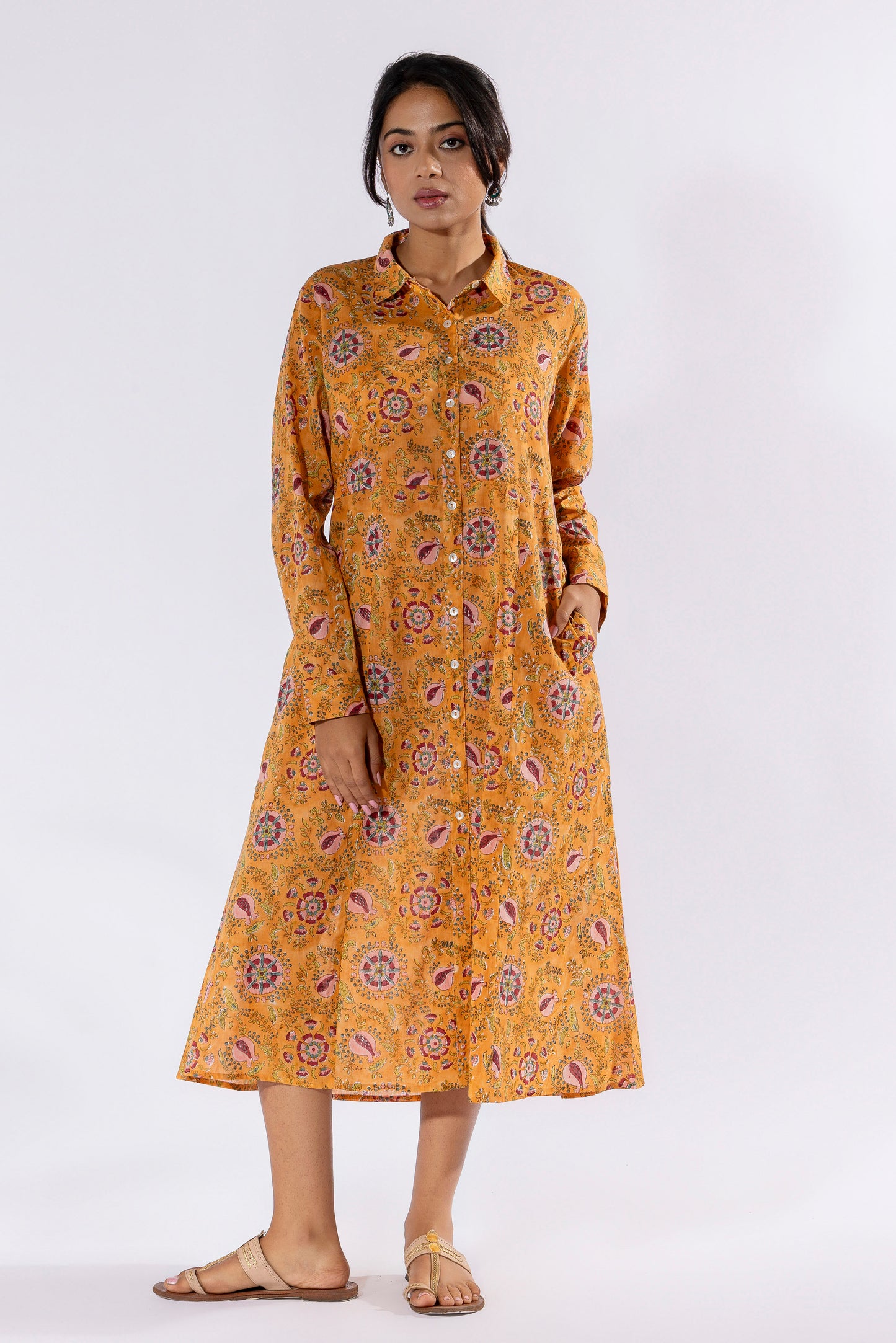 Mustard hand block printed dress