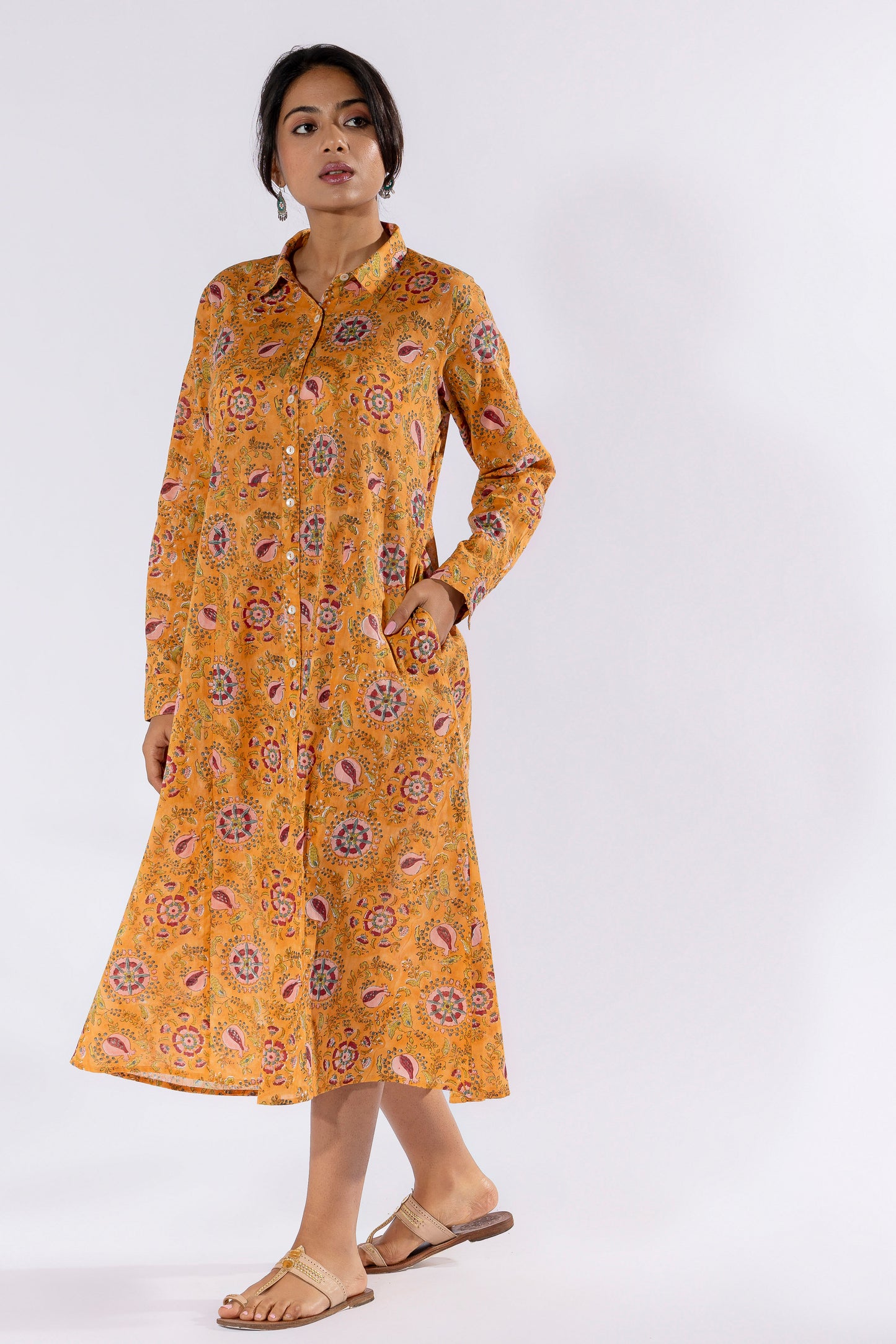 Mustard hand block printed dress