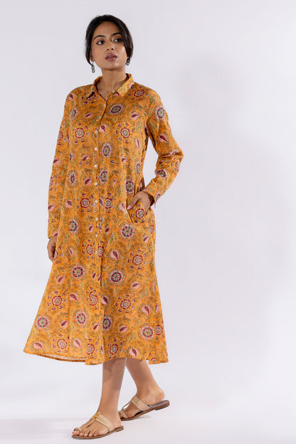 Mustard hand block printed dress