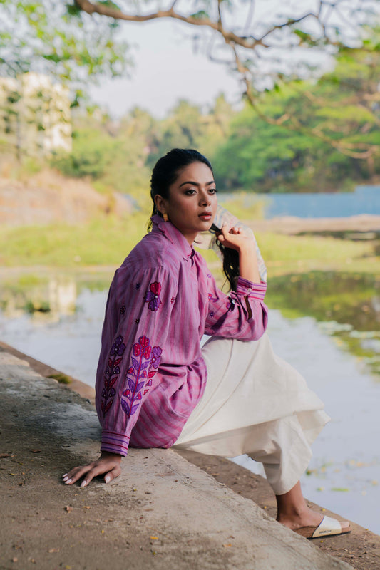 Purple Stripe Hand Woven Cotton Patch Work Shirt