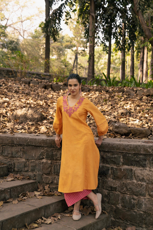 Mustard Hand Woven Cotton Embroidered Set (Ready to Ship) - Set Of 2