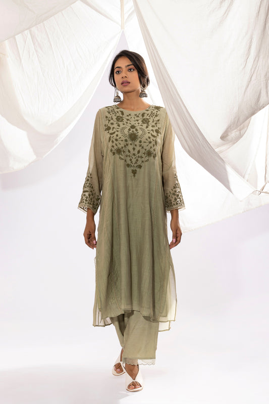 OLIVE EMBROIDERED KURTA