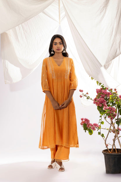 ORANGE CHIKANKARI KURTA