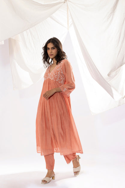 PEACH CHIKANKARI KURTA