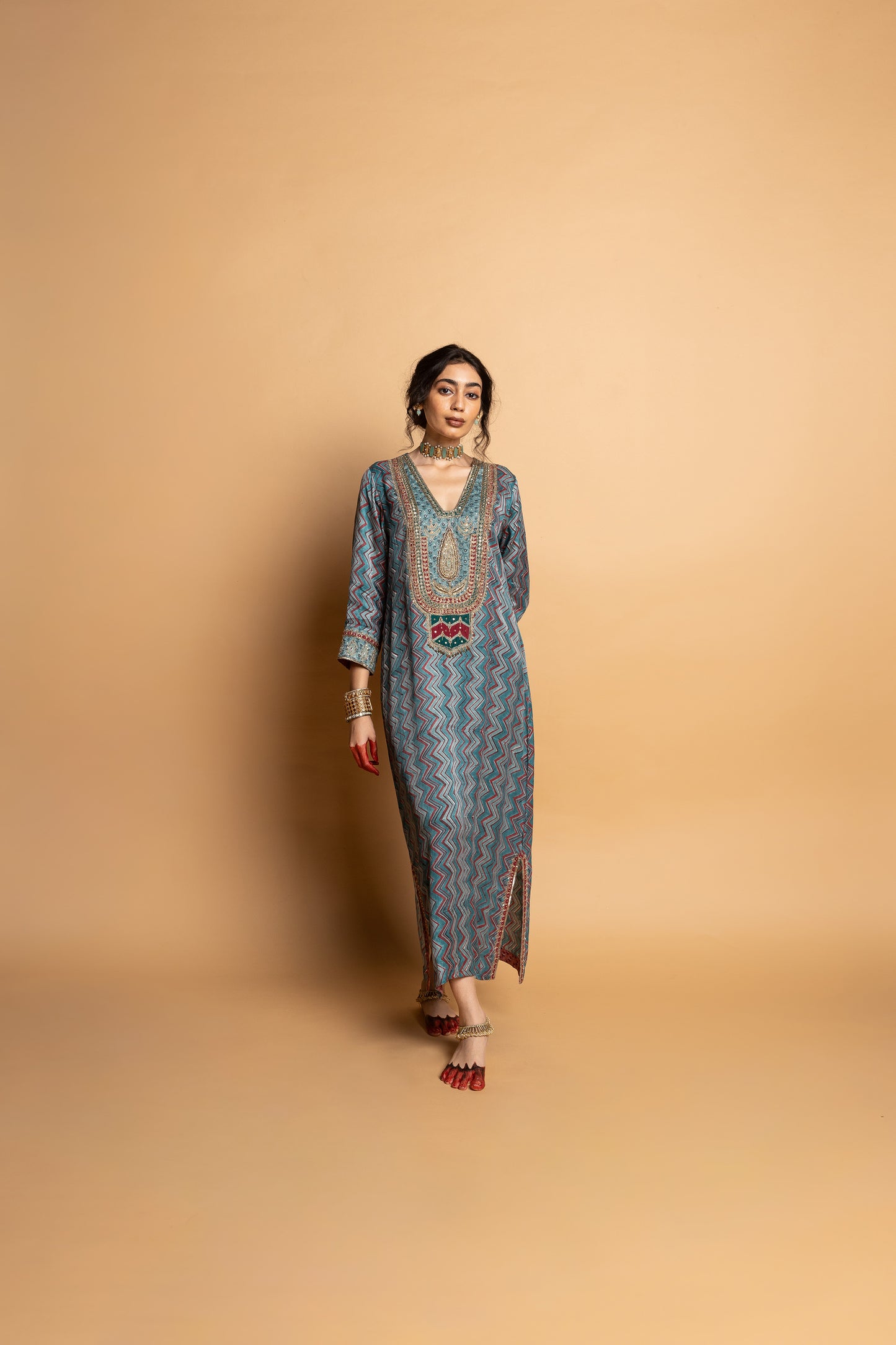 Rajsi Roop Embroidered Kaftan- Aqua