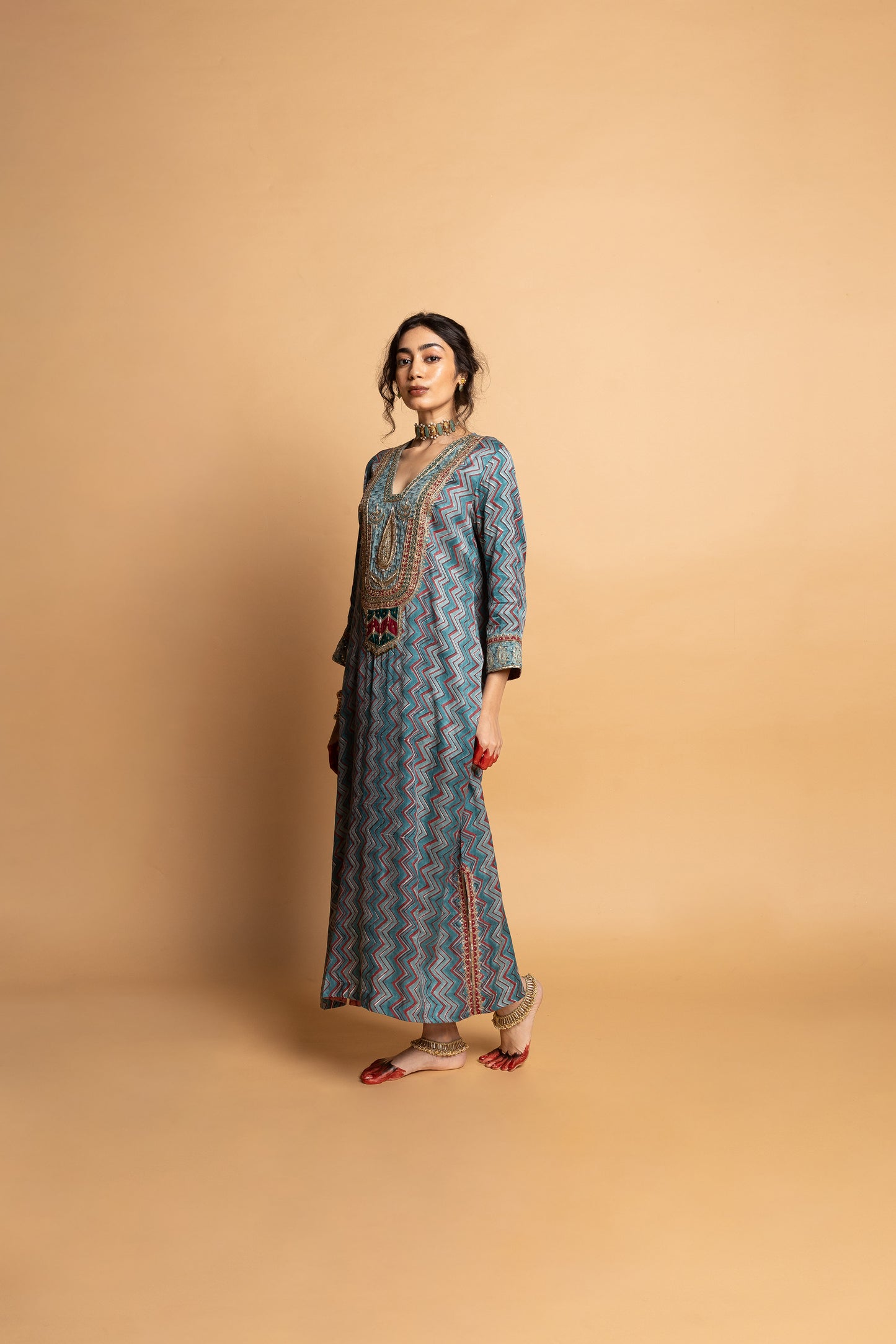 Rajsi Roop Embroidered Kaftan- Aqua