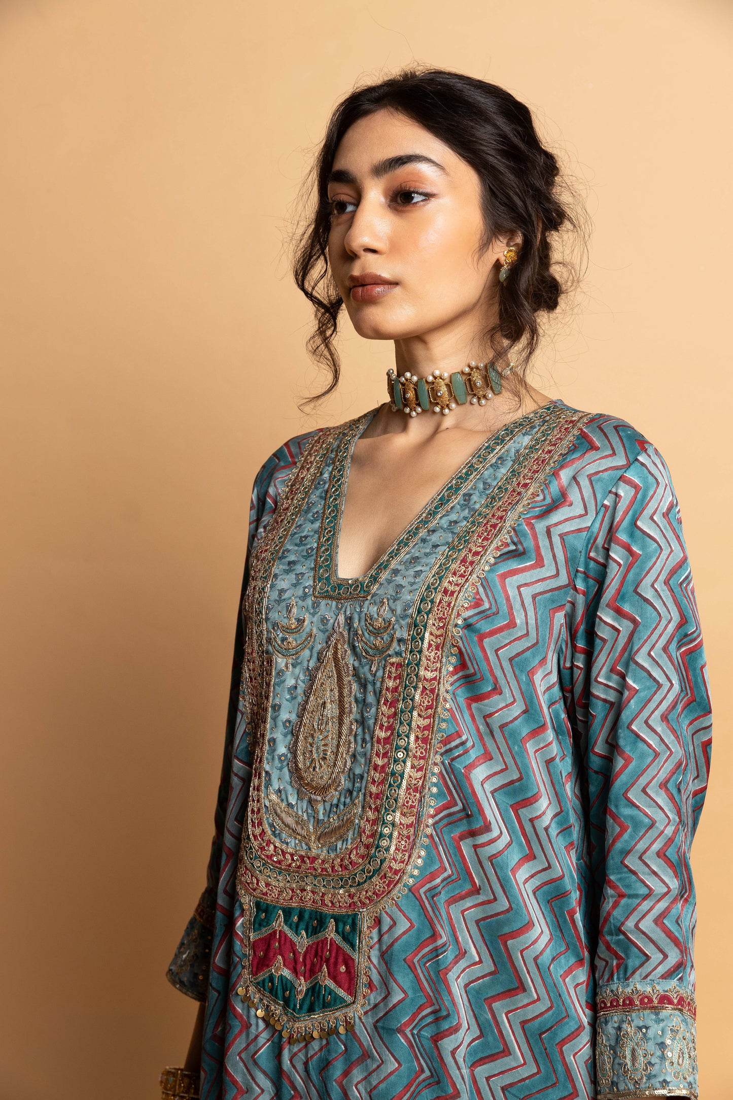 Rajsi Roop Embroidered Kaftan- Aqua