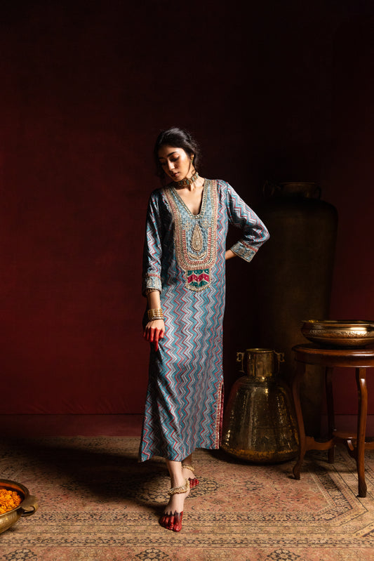 Rajsi Roop Embroidered Kaftan- Aqua