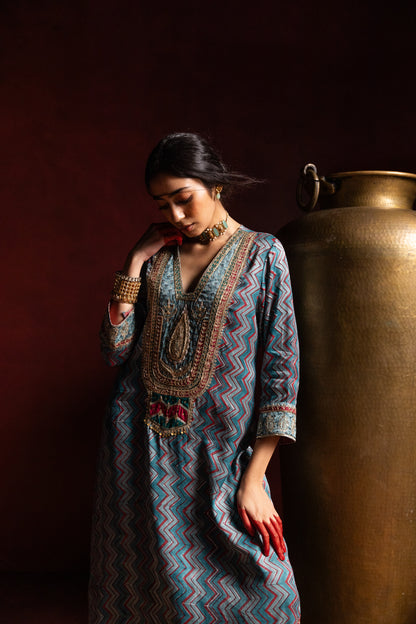 Rajsi Roop Embroidered Kaftan- Aqua