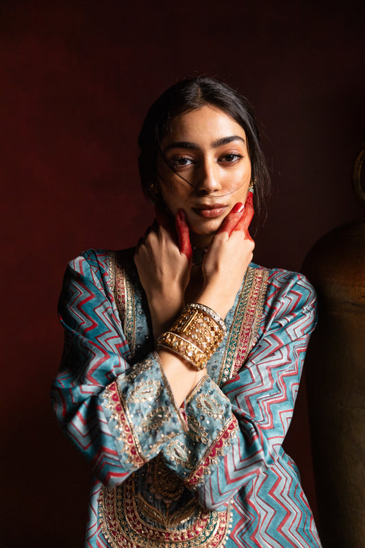 Rajsi Roop Embroidered Kaftan- Aqua (Ready to Ship)