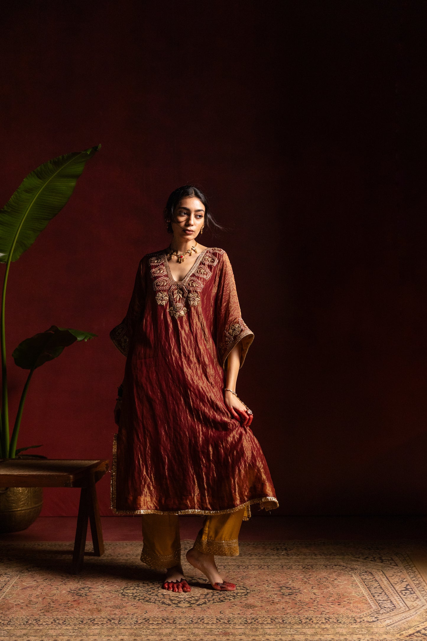 Shama-e-Awadh embroidered kaftan set- Maroon