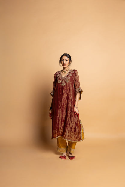 Shama-e-Awadh embroidered kaftan set- Maroon
