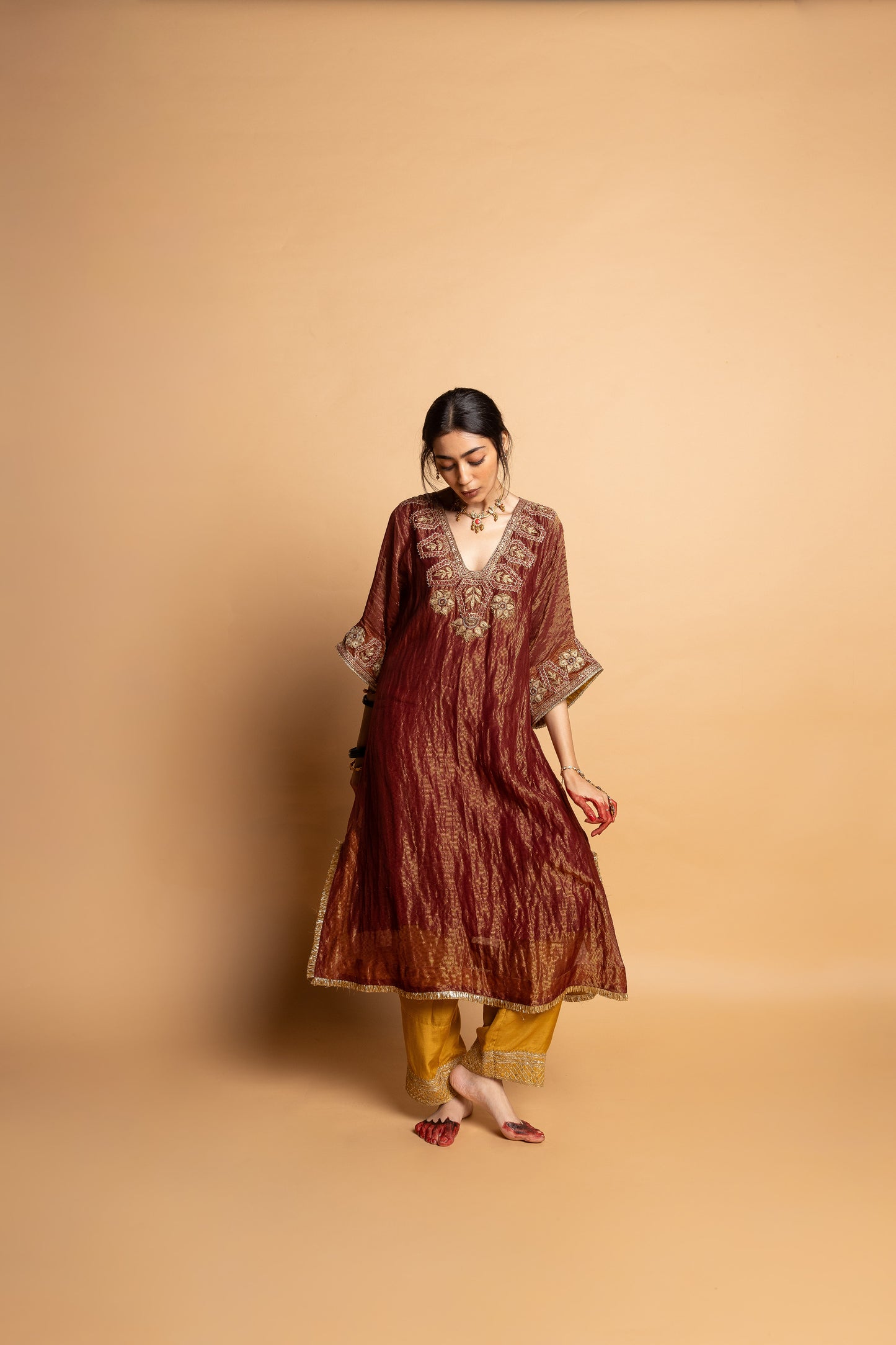 Shama-e-Awadh embroidered kaftan set- Maroon