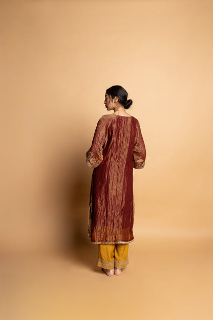 Shama-e-Awadh embroidered kaftan set- Maroon