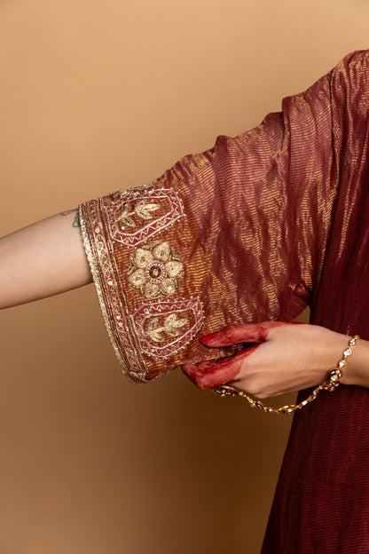 Shama-e-Awadh embroidered kaftan set- Maroon